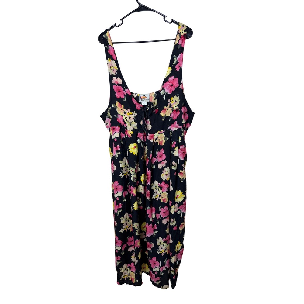 La Femme‎ Vintage Floral Rayon Lace Up Maxi Dress Black Pink Plus Size 2X